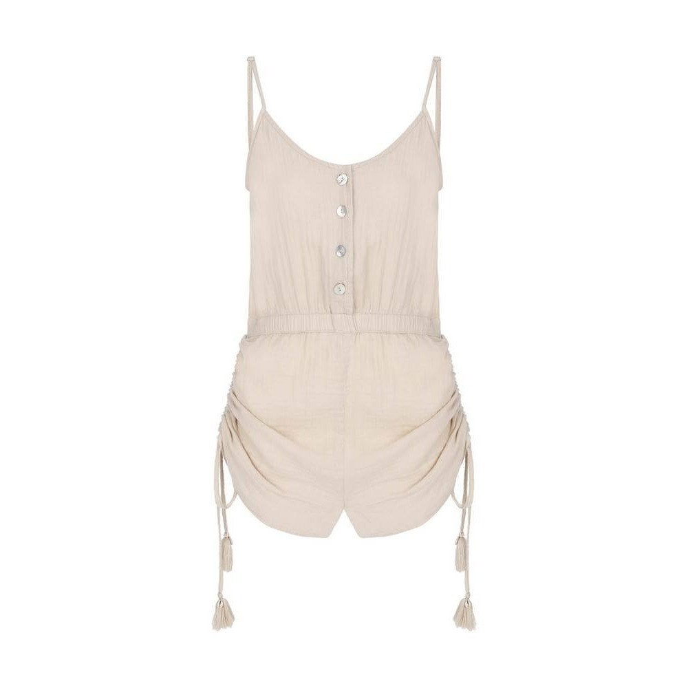 The Handloom Kai Turkish Cotton Romper Tan Beige Tassel Boho Jumpsuit M/L Beach